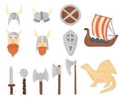 Set vikings in helmet on white background. Cartoon cute vikings, dragon, shield, sword, armor, axe, Drakkar in doodle. vector