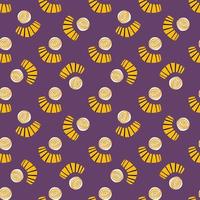 Abstract shapes seamless doodle pattern. Bright design with yellow circles and scribble figures on purple background. vector