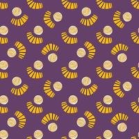 Abstract shapes seamless doodle pattern. Bright design with yellow circles and scribble figures on purple background. vector