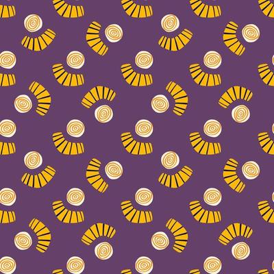 Abstract shapes seamless doodle pattern. Bright design with yellow circles and scribble figures on purple background.
