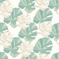 Tender isolated seamless pattern with monstera leaf ornament. Green and pink colored foliage on white background. vector