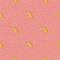 Minimalistic foliage seamless pattern with orange little leaf ornament. Pink dotted background. Doodle style. vector