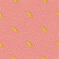 Minimalistic foliage seamless pattern with orange little leaf ornament. Pink dotted background. Doodle style. vector