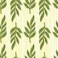 Patrón sin costuras de hierbas botánicas con ramas de hojas dibujadas a mano de color verde. fondo de rayas amarillas. vector