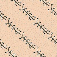 Geometric botanic seamless pattern with doodle dark berry branches shapes. Light pink dotted background. vector