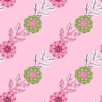 Abstract creative seamless pattern with green colored folk flowers ornament. Pink background. Pastel tones. vector