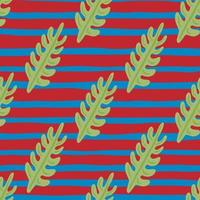 Abstract decorative seamless pattern with green tropic leaf branches shapes. Red and blue striped background. vector