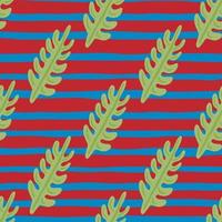 Abstract decorative seamless pattern with green tropic leaf branches shapes. Red and blue striped background. vector