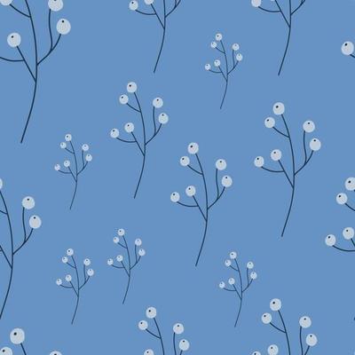 Hand drawn seamless pattern with random organic berry elements shapes. Blue background. Doodle style.