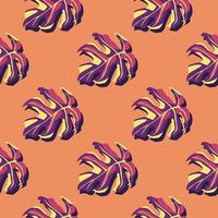 Minimalistic exotic seamless pattern with purple leaf silhouettes. Orange background. Stylized print. vector