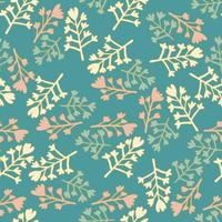 Random seamless spring pattern with floral figures on turquoise background. Soft yellow, pink and green elements on creative artwork. vector