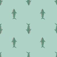 Minimalistic seamless doodle pattern with shark elements. Green little fishes on light pastel background. vector