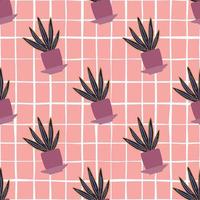 Aloe cactus in pot seamless pattern on pink stripes background. Houseplant cacti wallpaper. vector