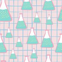 College chemical seamless random pattern with blue medicine flask ornament. Light pink chequered background. vector