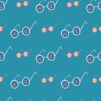 Simple and drawn sunglasses seamless doodle pattern. Optical accessory elements on blue brigt backgound. vector