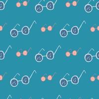 Simple and drawn sunglasses seamless doodle pattern. Optical accessory elements on blue brigt backgound. vector