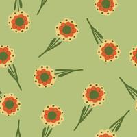 Pastel random seamless pattern with doodle pink orange flowers shapes. Light green background. Botanic backdrop. vector