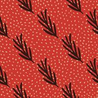 Contrast seamless doodle pattern with hand drawn black rosemary ornament. Red dotted background. vector