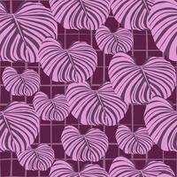 Random abstract seamless pattern with lilac exotic monstera leaf silhouettes. Purple background with check. vector