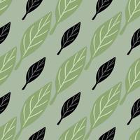 Botanic seamless pattern with black and green simple leaf elements. Pale blue background. Forest print. vector