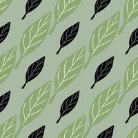 Botanic seamless pattern with black and green simple leaf elements. Pale blue background. Forest print. vector