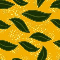 Random seamless pattern with simple hand drawn green leaf shapes print. Yellow background with splashes. vector