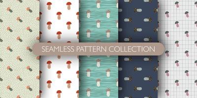 Set of forest seamless pattern with doodlechampignon mushroom ornament. vector