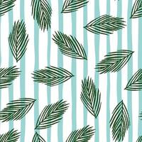 Random seamless pattern with green december fir branches shapes. White and blue striped background. vector