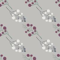 Blackberry doodle ornament with white and purple berries seamless pattern. Grey background. vector