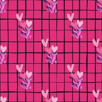 Bright floral seamless pattern with flowers and hearts. Pink background with check. Abstract botanic print.