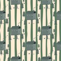 Stylized seamless doodle pattern with cottages and trees ornament. Hut in forest green ornament on stripped background with white lines. vector