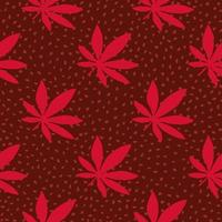 ganja mano dibujada de patrones sin fisuras. fondo granate con puntos y hojas de cannabis rojas. vector