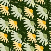 Botanical seamless pattern with simple style chamomile flowers print. Green dark background. Meadow print. vector