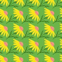 Bright yellow chamomile flowers seamless doodle pattern. Green background. Nature botanic ornament. vector