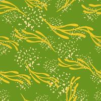 Botanic floral seamless pattern with random yellow branches print. Green background with splashes. vector