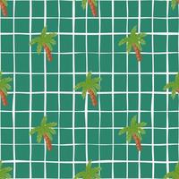 Hand drawn seamless pattern with green palm tree elements shapes. Turquoise background with check. vector