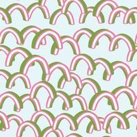 Pink and green random 2d abstract shapes seamless pattern. Light green background. Simple style. vector