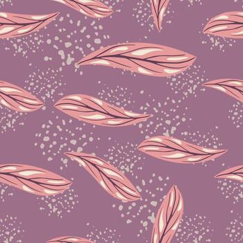 Nature abstract seamless pattern with random pink simple doodle leaves shapes. Purple background with splashes. vector