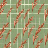 Random orange herbal twigs seamless pattern in hand drawn style. Pastel green chequered background. vector