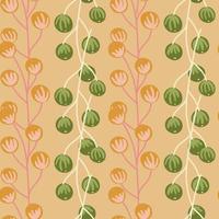 Green and orange abstract berries branches seamless doodle pattern. Beige background. Simple print. vector