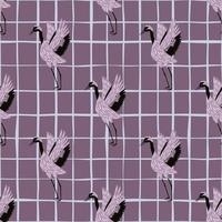 Cartoon exotic japanese seamless pattern with crane bird shapes. Purple pastel background with check. vector