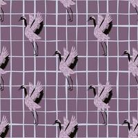 Cartoon exotic japanese seamless pattern with crane bird shapes. Purple pastel background with check. vector