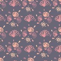 Seamless pattern with doodle contoured flowers. Abstract botanic silhouettes in pink tones on grey background. vector