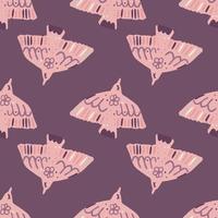 Seamless bird ornament doodle pattern. Pink animal silhouettes on purple background. Flat nature print. vector