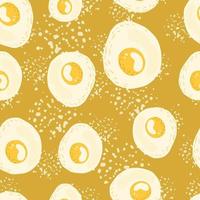 Seamless breakfast pattern with eggs meal silhouettes. Omelette ornament on ocher background with splashes. vector