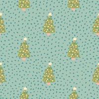 Stylized seamless pattern with green christmas tree toy holiday print. Blue dotted background. Xmas backdrop. vector