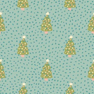 Stylized seamless pattern with green christmas tree toy holiday print. Blue dotted background. Xmas backdrop.