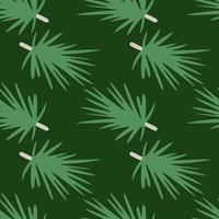 Green palette new year seamless pattern with conifeous twigs silhouettes. Dark background. Botanic backdrop. vector