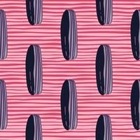 Bright seamless pattern with simple doodle eclair silouettes. Dark navy blue bakery french elements on pink striped background. vector