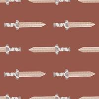 Stylized old historu seamless pattern with sword ornament. Grey colored middle ages elements on pale maroon background. vector